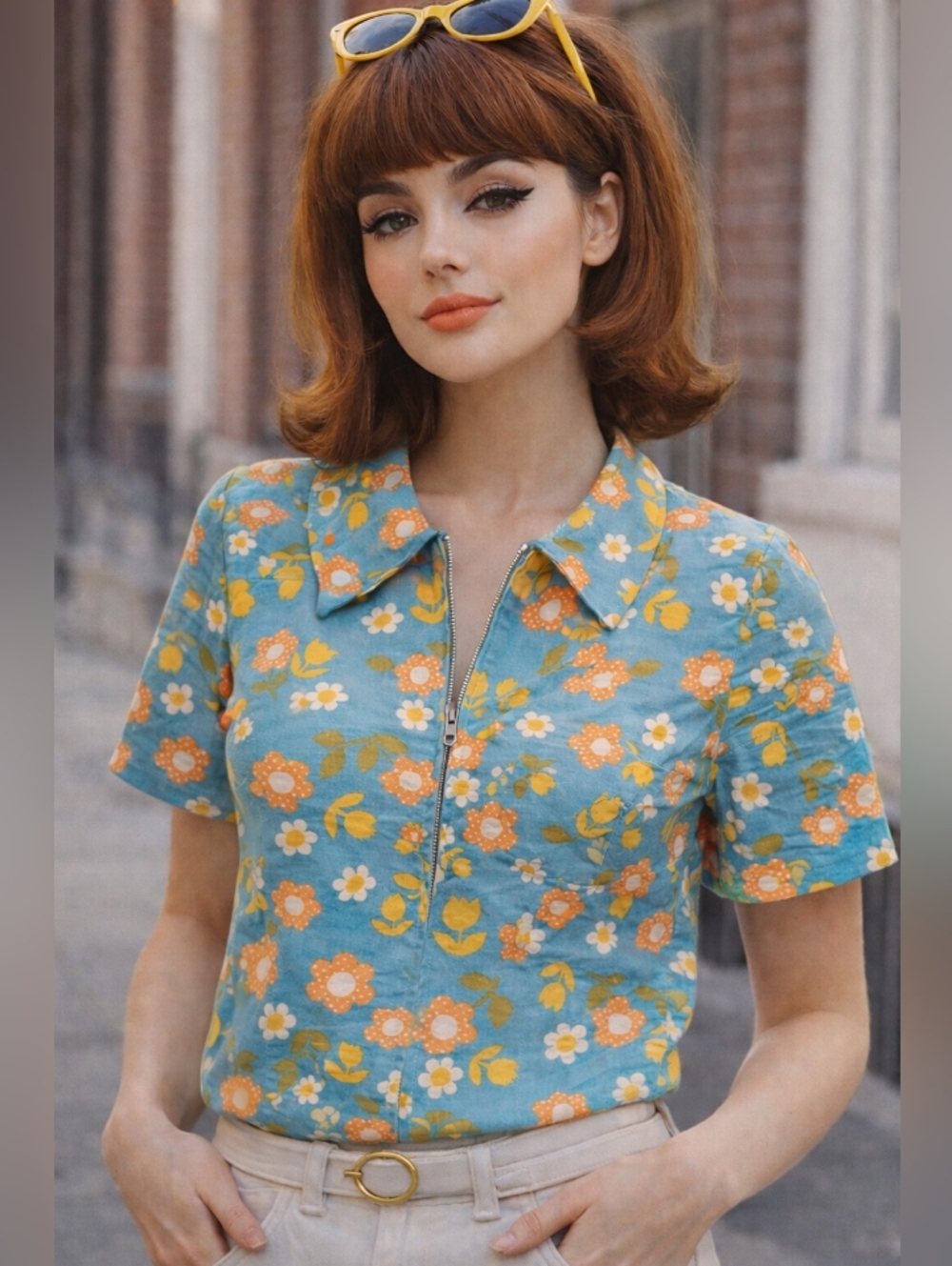 70s Light Blue Floral Top